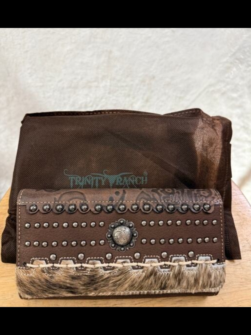 Trinity Ranch Brown Studded Western Wallet with Fur Trim